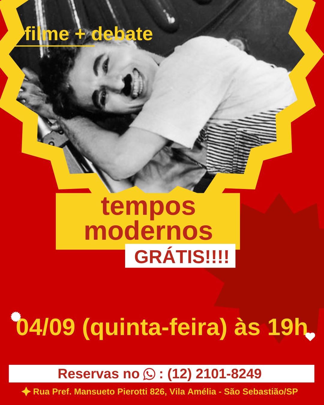 No momento, você está visualizando Filme + debate ‘Sociedade capitalista: Tempos Modernos’ 04/09 19h